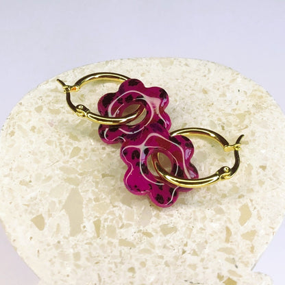 Boucles d'Oreilles Créoles Pampilles Fleurs - Léopard Fuchsia