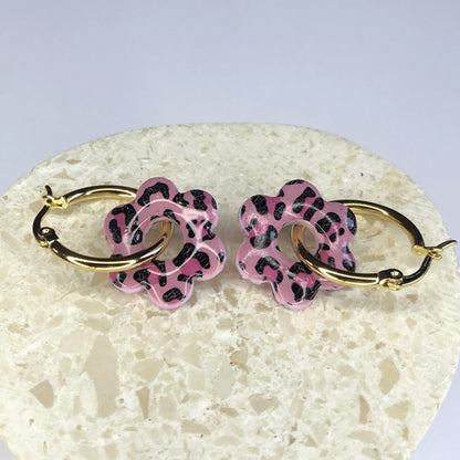 Boucles d'Oreilles Créoles Pampilles Fleurs - Léopard Rose Light