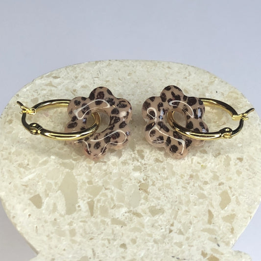 Boucles d'Oreilles Créoles Pampilles Fleurs - Léopard Beige