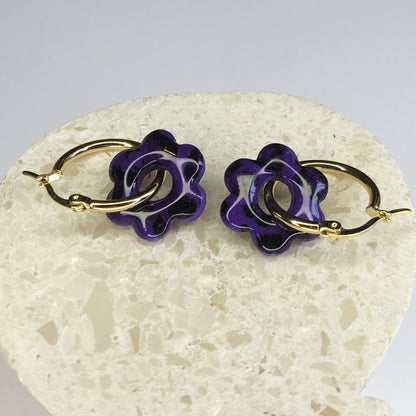 Boucles d'Oreilles Créoles Pampilles Fleurs - Léopard Violet