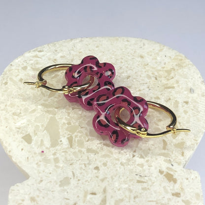 Boucles d'Oreilles Créoles Pampilles Fleurs - Léopard Rose Light