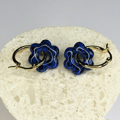 Boucles d'Oreilles Créoles Pampilles Fleurs - Léopard Bleu Pacifique