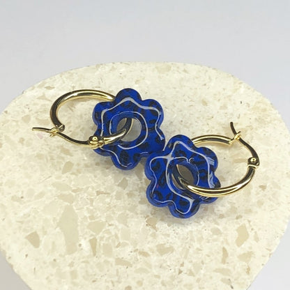 Boucles d'Oreilles Créoles Pampilles Fleurs - Léopard Bleu Pacifique