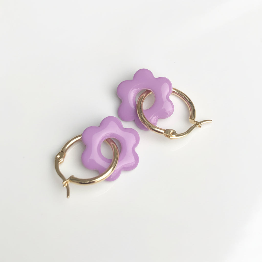 Boucles d'Oreilles Créoles Pampilles Fleurs - Lilas