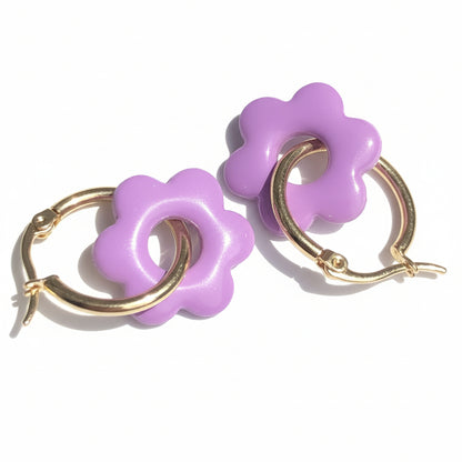 Boucles d'Oreilles Créoles Pampilles Fleurs - Lilas