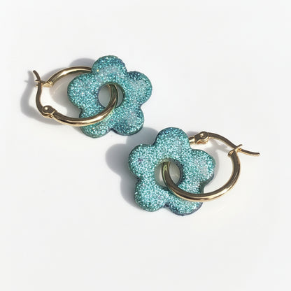 Boucles d'Oreilles Créoles Pampilles Fleurs 5 Pétales - Vert Bouteille Paillettées