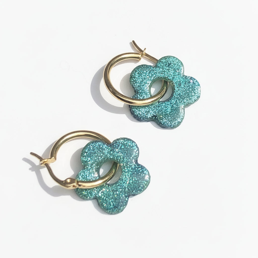 Boucles d'Oreilles Créoles Pampilles Fleurs 5 Pétales - Vert Bouteille Paillettées