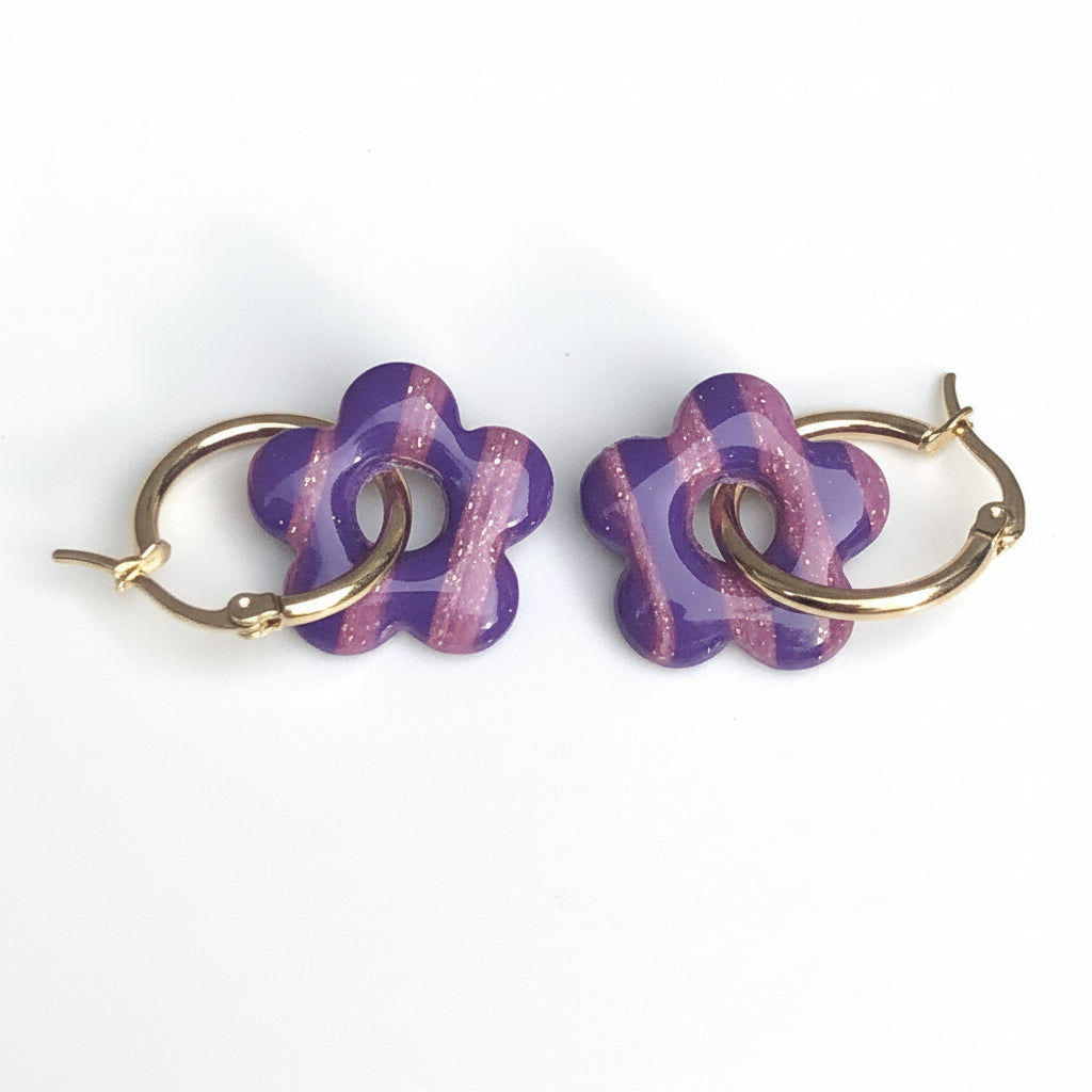 Boucles d'Oreilles Créoles Pampilles Fleurs 5 Pétales - Violet Prune et Lavande Scintillant Rayé