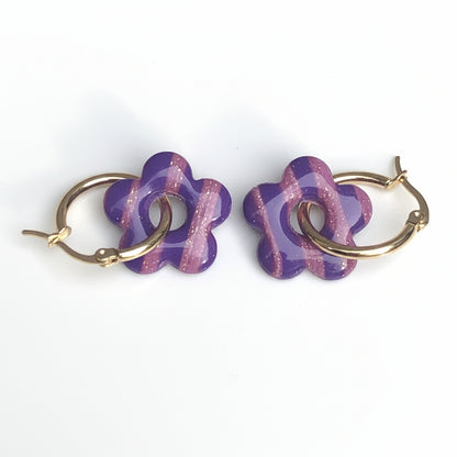 Boucles d'Oreilles Créoles Pampilles Fleurs 5 Pétales - Violet Prune et Lavande Scintillant Rayé