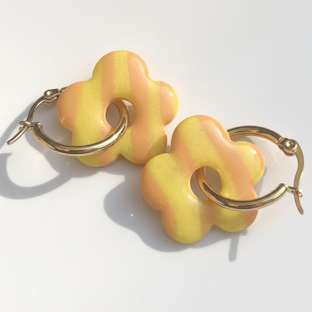 Boucles d'Oreilles Créoles Pampilles Fleurs Pop - Jaune Citron et Orange Papaye Rayé