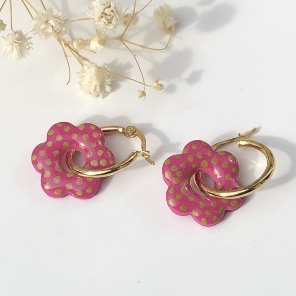 Boucles d'Oreilles Créoles Pampilles Fleurs - Rose Framboise à Pois