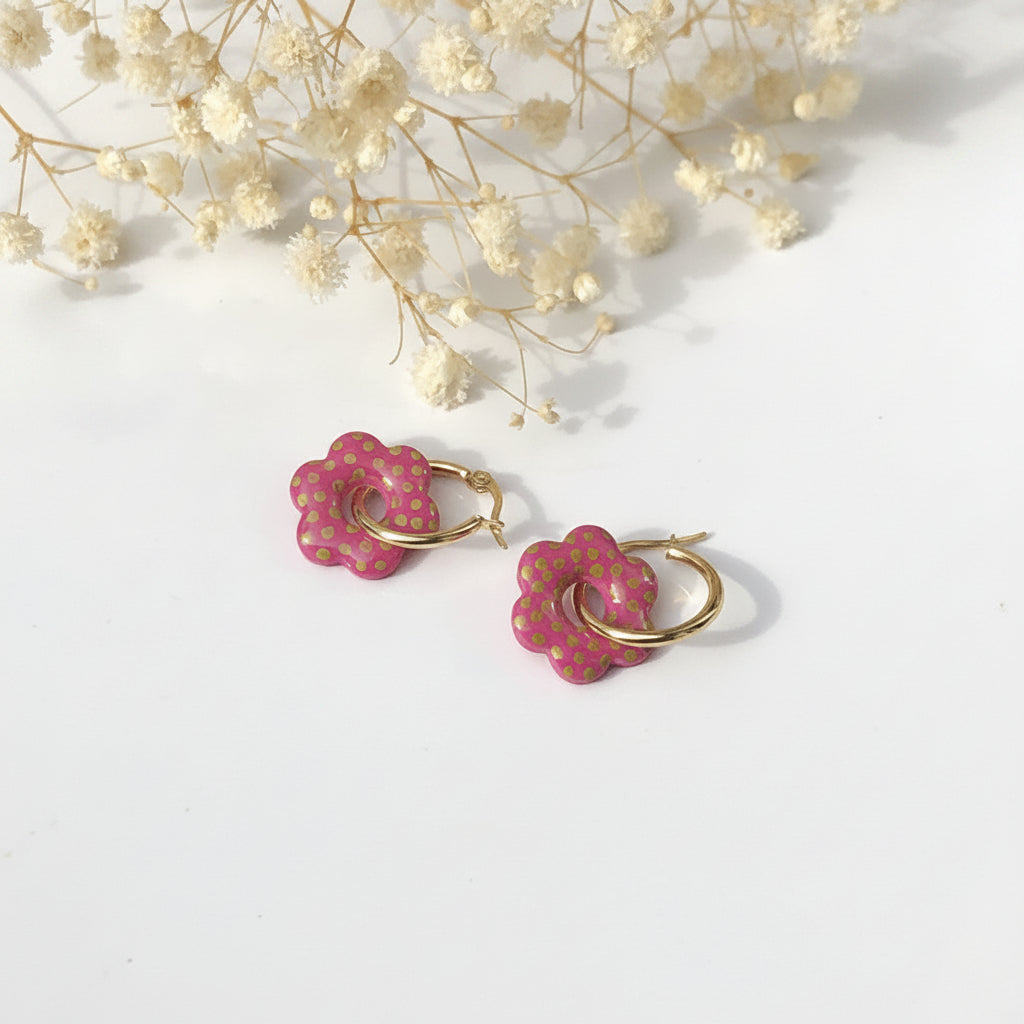 Boucles d'Oreilles Créoles Pampilles Fleurs - Rose Framboise à Pois