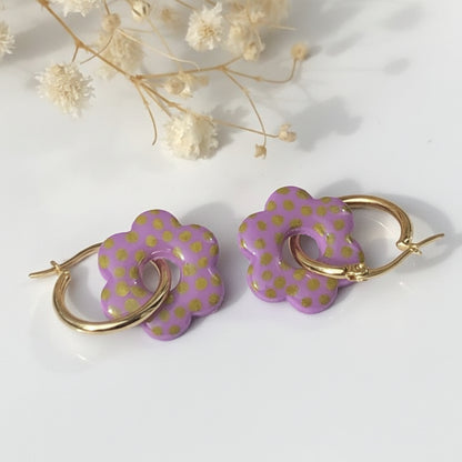 Boucles d'Oreilles Créoles Pampilles Fleurs - Lilas à Pois