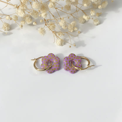 Boucles d'Oreilles Créoles Pampilles Fleurs - Lilas à Pois