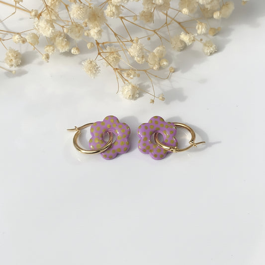 Boucles d'Oreilles Créoles Pampilles Fleurs - Lilas à Pois