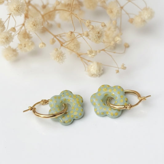 Boucles d'Oreilles Créoles Pampilles Fleurs - Vert botanique, à Pois