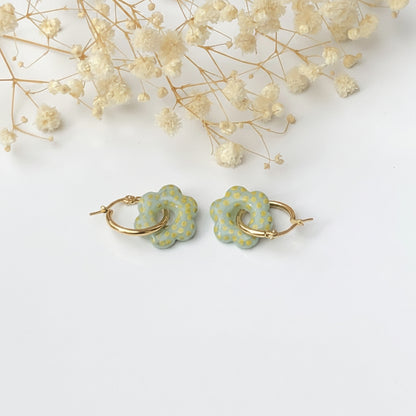 Boucles d'Oreilles Créoles Pampilles Fleurs - Vert botanique, à Pois