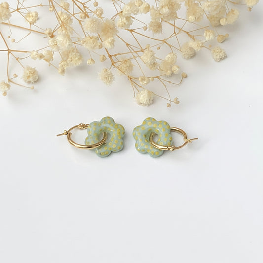Boucles d'Oreilles Créoles Pampilles Fleurs - Vert botanique, à Pois