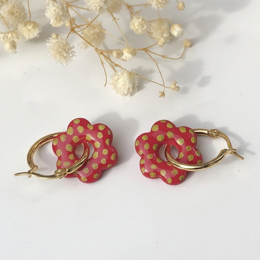 Boucles d'Oreilles Créoles Pampilles Fleurs - Rouge Cerise à Pois