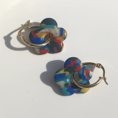Boucles d'Oreilles Créoles Pampilles Fleurs Pop - Multicolore