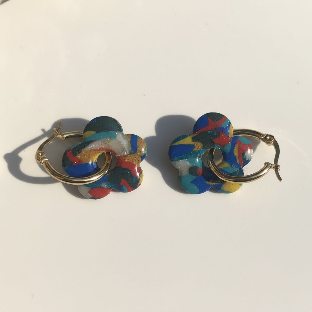 Boucles d'Oreilles Créoles Pampilles Fleurs Pop - Multicolore
