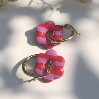 Boucles d'Oreilles Créoles Pampilles Fleurs - Rayées Rose et Rouge