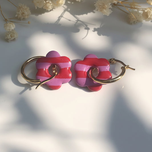 Boucles d'Oreilles Créoles Pampilles Fleurs - Rayées Rose et Rouge