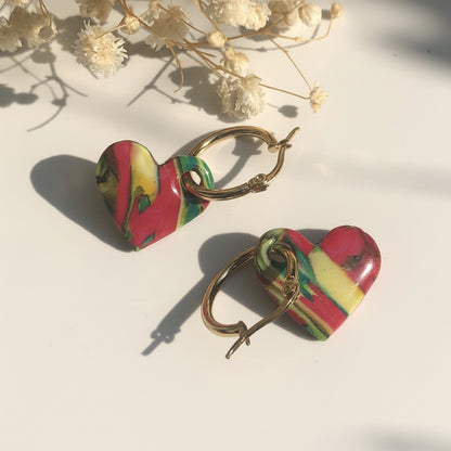 Boucles d'Oreilles Créoles Pampilles Cœurs - Multicolores