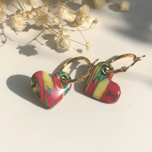 Boucles d'Oreilles Créoles Pampilles Cœurs - Multicolores