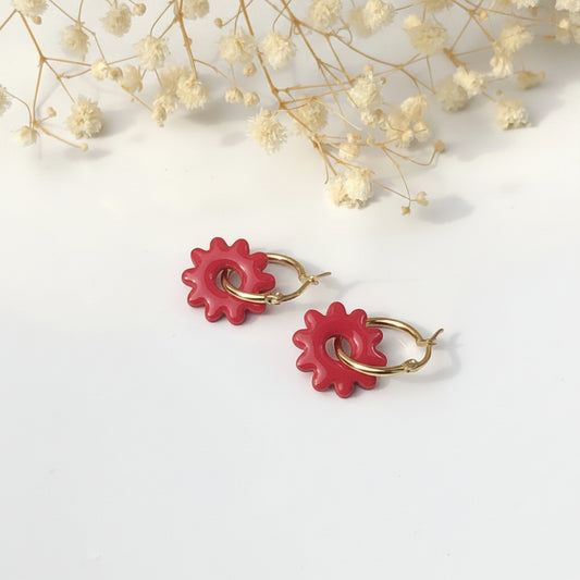 Boucles d'Oreilles Créoles Pampilles Fleurs - Rouge Cerise