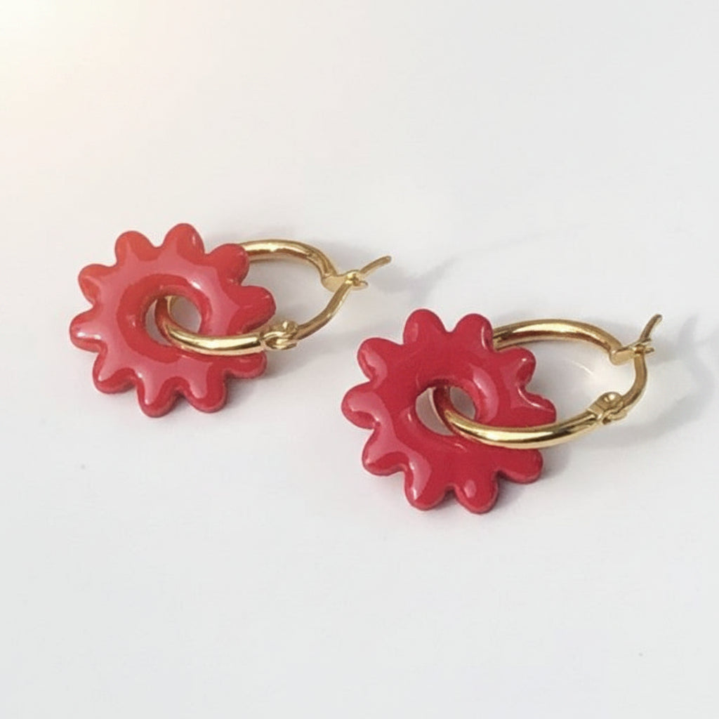 Boucles d'Oreilles Créoles Pampilles Fleurs - Rouge Cerise