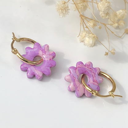 Boucles d'Oreilles Créoles Pampilles Fleurs - Lila Marbre