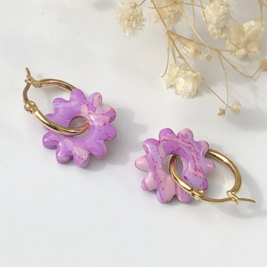 Boucles d'Oreilles Créoles Pampilles Fleurs - Lila Marbre