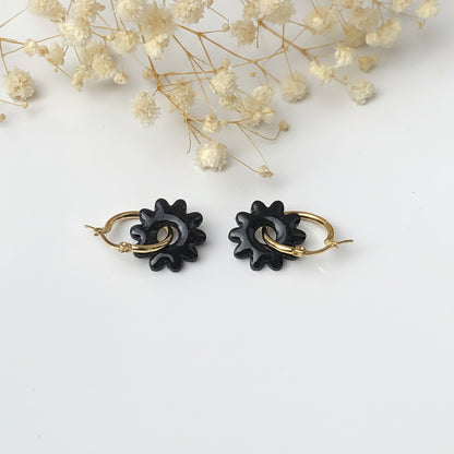 Boucles d'Oreilles Créoles Pampilles Fleurs - Noir