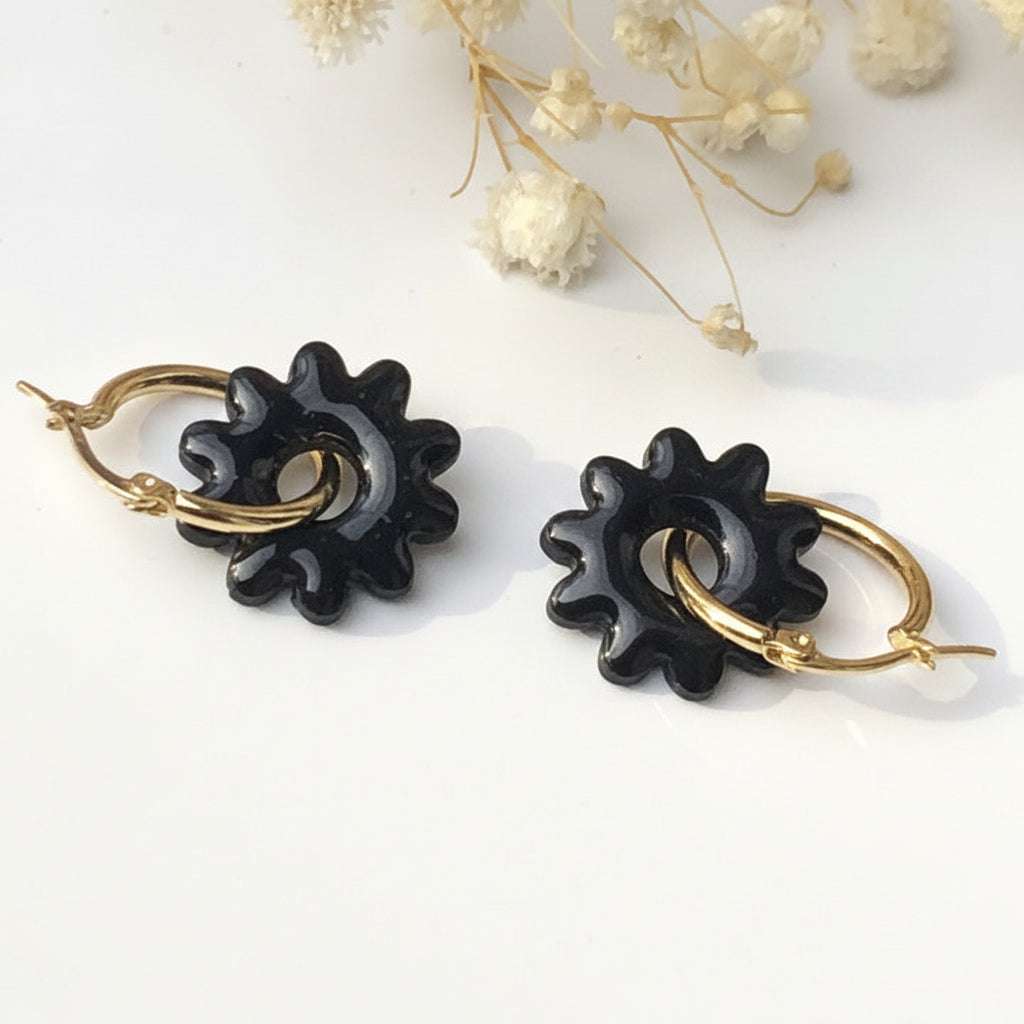 Boucles d'Oreilles Créoles Pampilles Fleurs - Noir