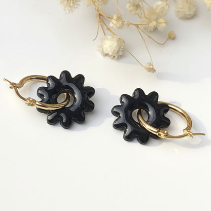 Boucles d'Oreilles Créoles Pampilles Fleurs - Noir