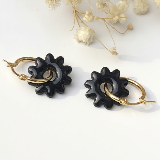 Boucles d'Oreilles Créoles Pampilles Fleurs - Noir