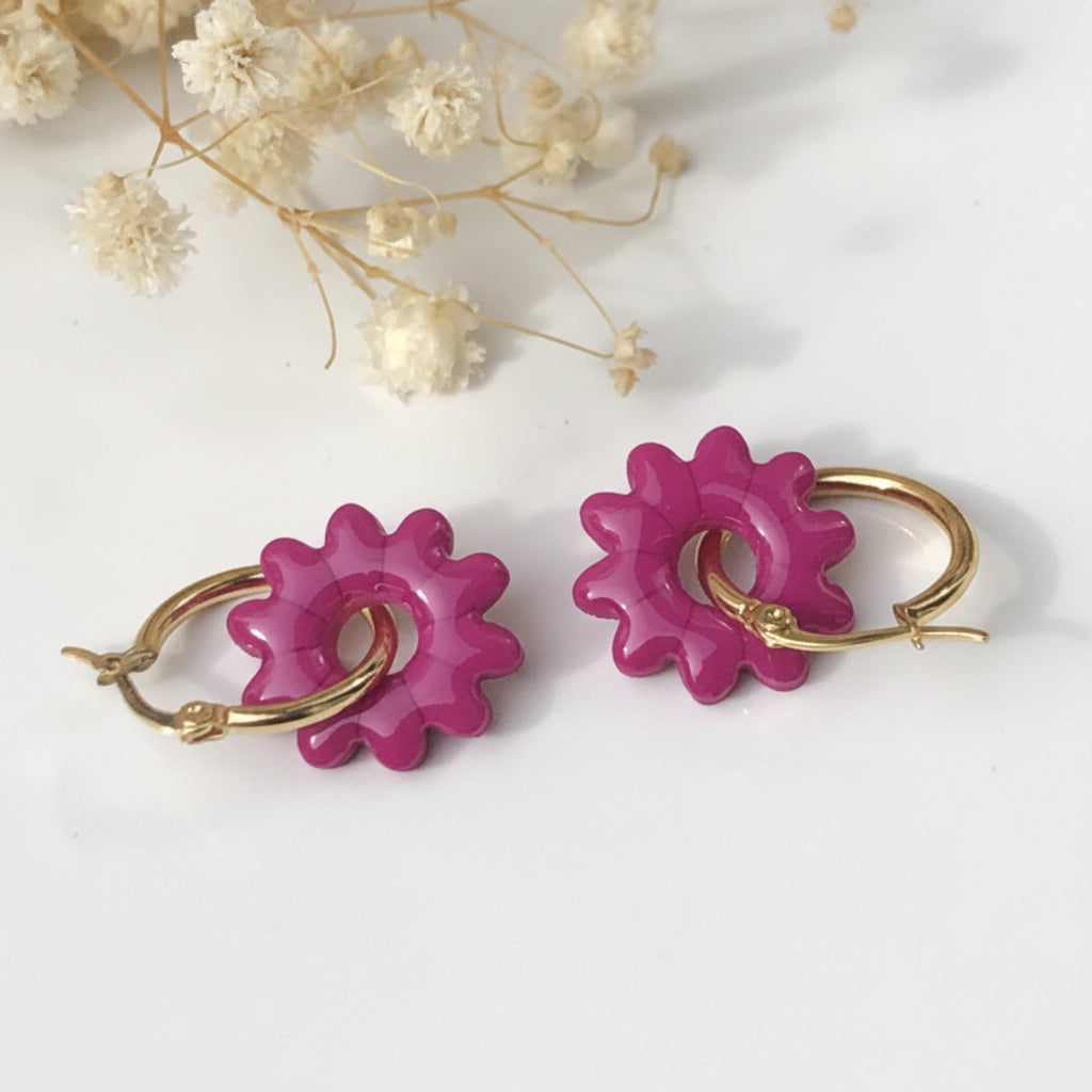 Boucles d'Oreilles Créoles Pampilles Fleurs - Violet