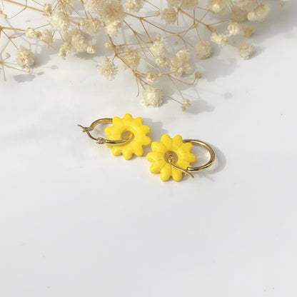 Boucles d'Oreilles Créoles Pampilles Fleurs - Jaune