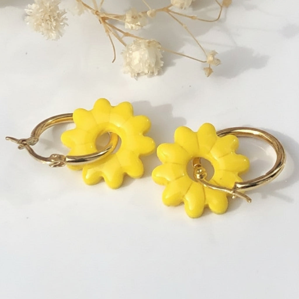 Boucles d'Oreilles Créoles Pampilles Fleurs - Jaune