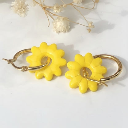 Boucles d'Oreilles Créoles Pampilles Fleurs - Jaune