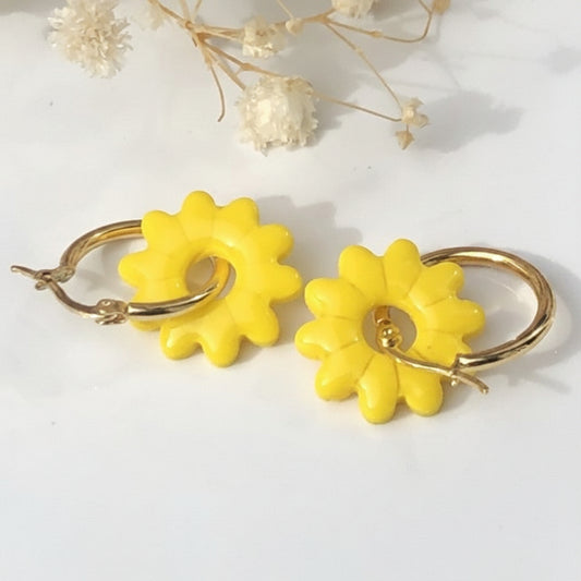 Boucles d'Oreilles Créoles Pampilles Fleurs - Jaune