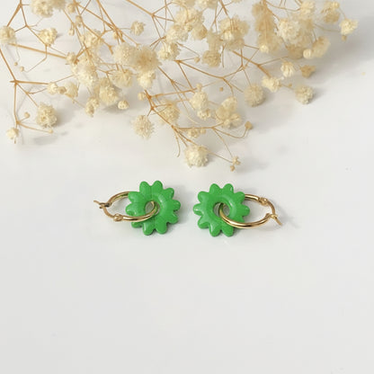 Boucles d'Oreilles Créoles Pampilles Fleurs - Vert Tropical