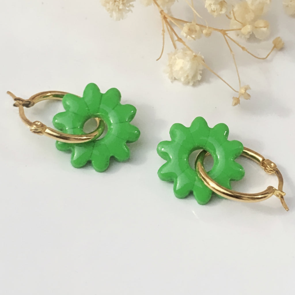 Boucles d'Oreilles Créoles Pampilles Fleurs - Vert Tropical