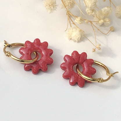 Boucles d'Oreilles Créoles Pampilles Fleurs - Rouge Galaxie