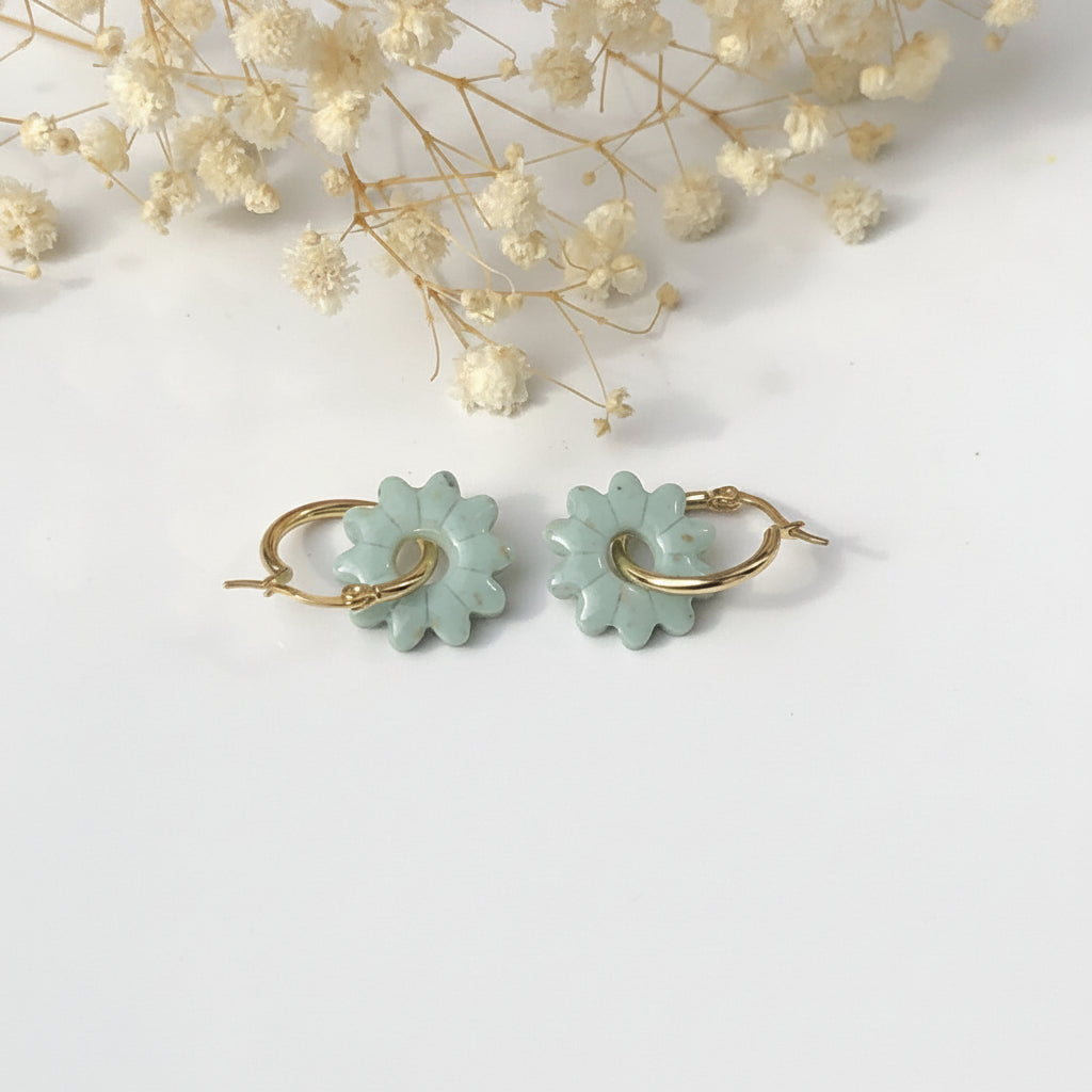 Boucles d'Oreilles Créoles Pampilles Fleurs - Vert Botanique