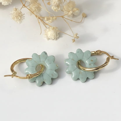 Boucles d'Oreilles Créoles Pampilles Fleurs - Vert Botanique