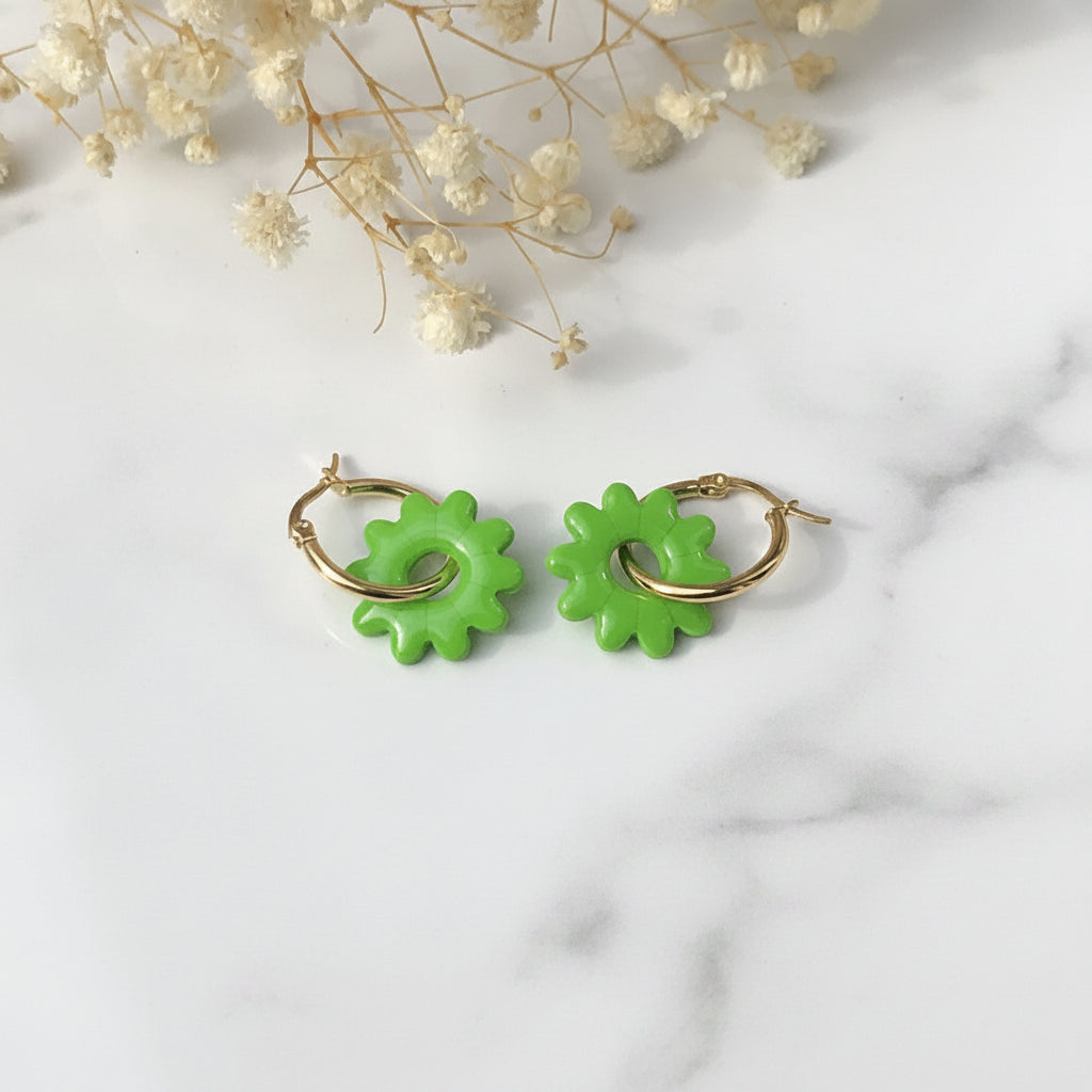 Boucles d'Oreilles Créoles Pampilles Fleurs - Vert Pomme