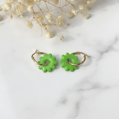 Boucles d'Oreilles Créoles Pampilles Fleurs - Vert Pomme