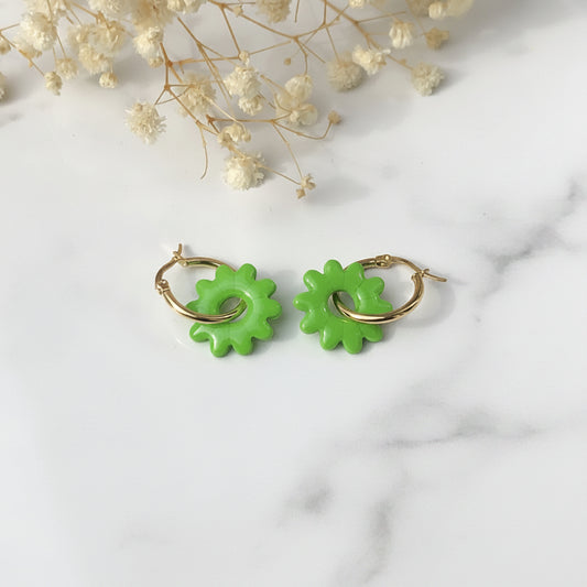 Boucles d'Oreilles Créoles Pampilles Fleurs - Vert Pomme